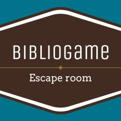 Logo de Bibliogame, escape game à Osny, sur fond bleu turquoise