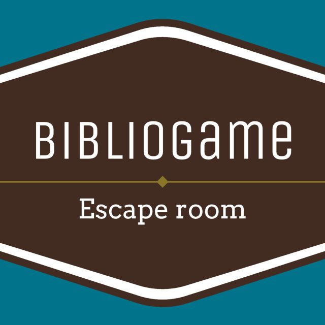 Logo de Bibliogame, escape game à Osny, sur fond bleu turquoise