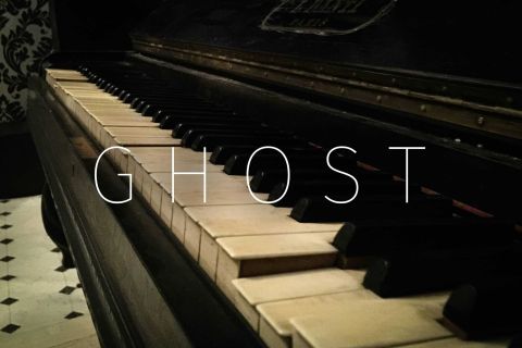 Piano à queue noir dans une pièce aux murs damassés, titre Ghost de L'antichambre à Paris