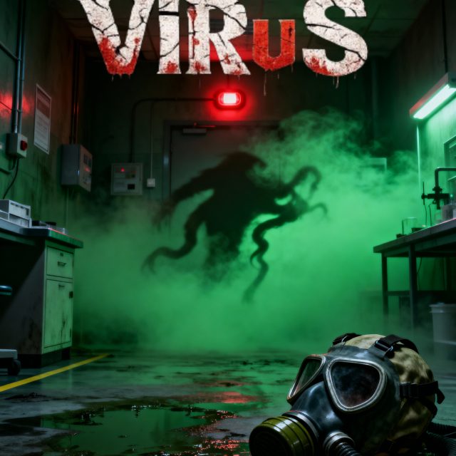 Affiche verte Escape game Virus avec créature dans la brume et masque à gaz, salle Le virus à Paris