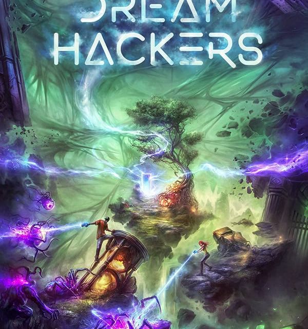 Affiche Dream Hackers : éclairs violets et verts autour d'un personnage, jeu en réalité virtuelle de Cérébra VR à Mérignac