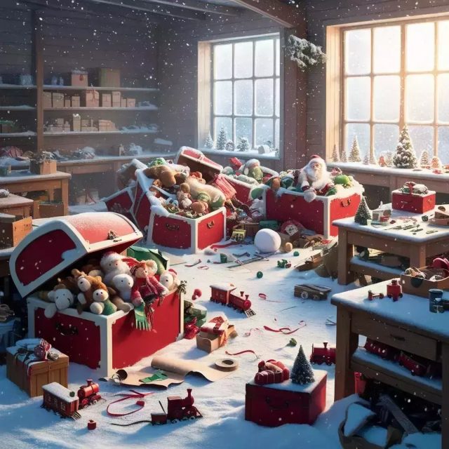 Atelier de jouets enneigé avec coffres rouges débordant de peluches, salle Panique au Pôle Nord chez La Boîte à CL-é