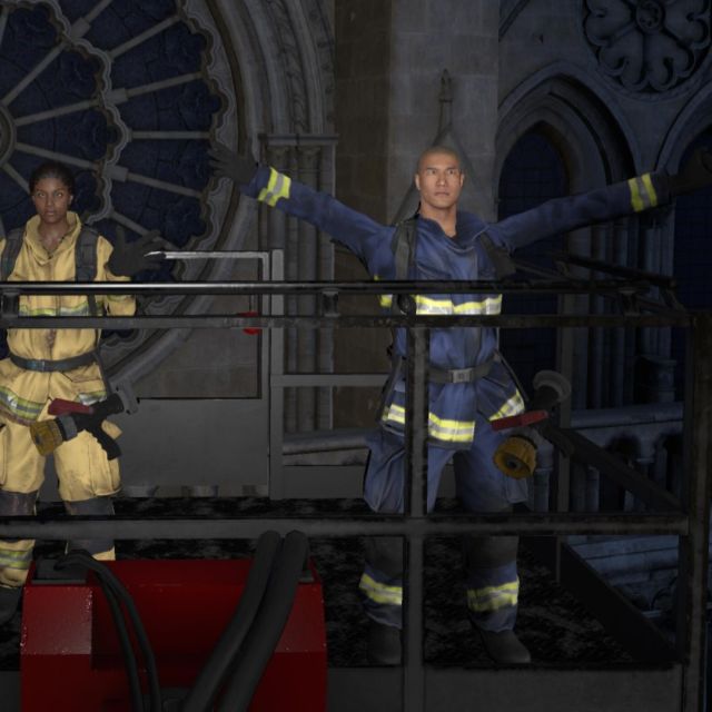 Deux sauveteurs en tenue jaune et bleue, bras levés sur une galerie de cathédrale, salle Sauver Notre-Dame chez Inoui VR