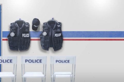 Décor de commissariat de police avec gilets, casquette et chaises marqués Police chez Lock Out à Antibes