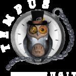 Logo Tempus Fugit : chouette à chapeau haut-de-forme dans une montre à gousset et chaîne, Beauchamp