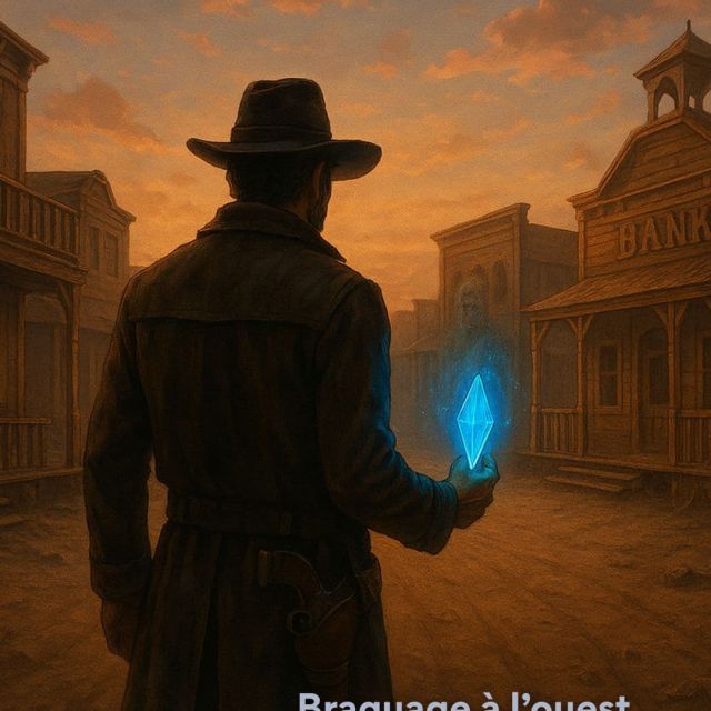 Cow-boy au chapeau face à une rue de saloon orangée avec cristal bleu, salle Mafia Bianchi à Herblay-sur-Seine