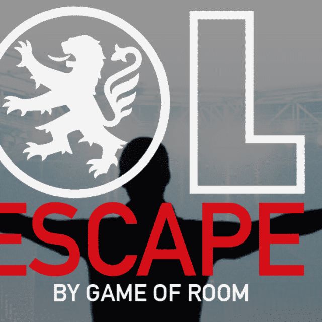 Visuel OL Escape, lion héraldique blanc et lettres rouges sur fond gris-bleu, salle chez Game of Room à Villeurbanne