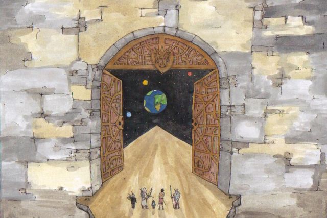 Aquarelle d'une porte de pierre ouvrant sur la Terre dans l'espace, petits personnages, salle Le Temple à Golbey
