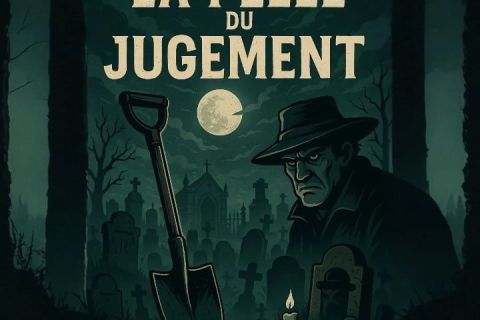 Affiche La pelle du jugement : fossoyeur au chapeau, pelle et cimetière sous la pleine lune