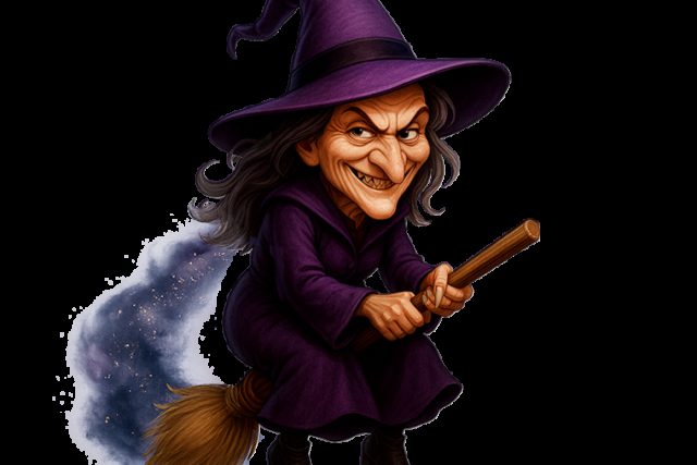 Sorcière en robe violette avec chapeau pointu tenant un balai magique