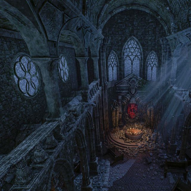 Nef gothique bleutée aux grandes fenêtres, avec un cercle de bougies au fond, salle Sanctum chez Inoui VR