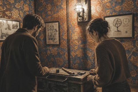 Deux enquêteurs penchés sur un coffre devant un papier peint à motifs, salle Le Retour de Sherlock Holmes chez Bibliogame