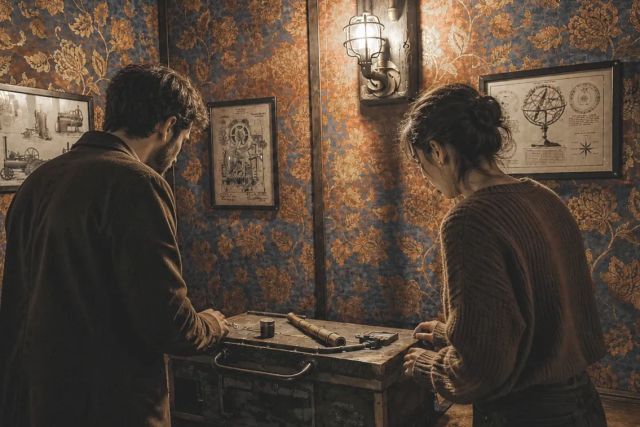 Deux enquêteurs penchés sur un coffre devant un papier peint à motifs, salle Le Retour de Sherlock Holmes chez Bibliogame