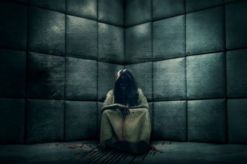 Personne en tunique blanche assise contre un mur matelassé gris, ambiance psychiatrique sombre dans The Sanatorium