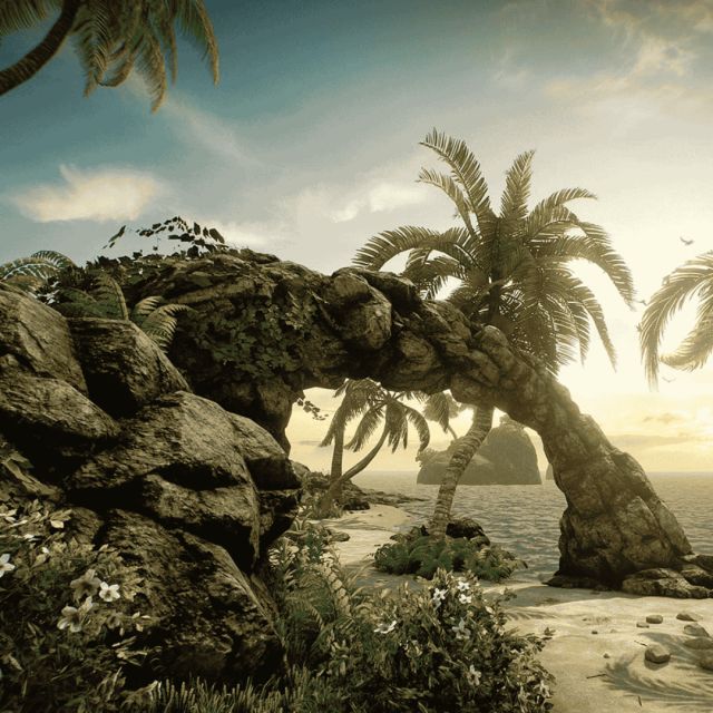 Plage de sable doré avec palmiers et arche de roche au bord de la mer, décor virtuel de la salle Survival chez Inoui VR