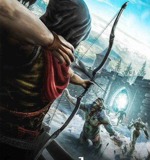 Affiche Archer : un archer encapuchonné bandant son arc face à des silhouettes, jeu en réalité virtuelle de Cérébra VR à Mérignac