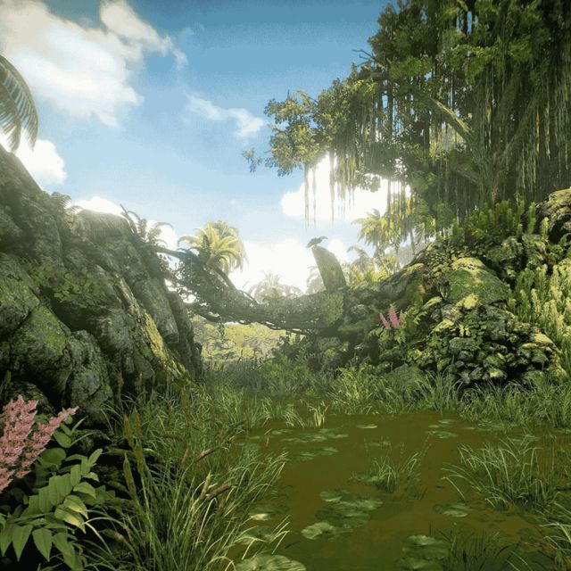 Prairie verte bordée de palmiers et de fleurs roses, ciel bleu, décor virtuel de la salle Survival chez Inoui VR