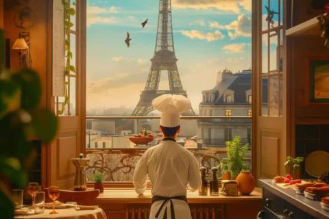 Affiche Le grand restaurant : cuisinier face à la tour Eiffel par une grande baie, salle chez Escape Factory à Guérande