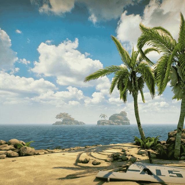 Île tropicale vue de la plage, palmiers à droite, îlots rocheux et ciel nuageux, jeu Survival chez Inoui VR à Lille
