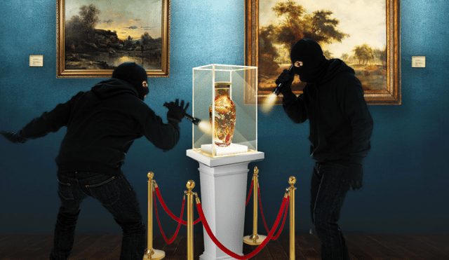 Silhouettes de voleurs près d'un socle de vitrine et de cordons rouges dans un musée bleu, salle Le casse du musée, Studio Escape