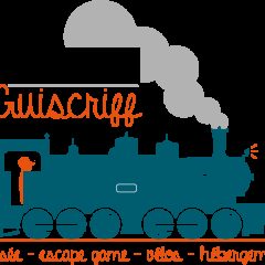 Logo de La Gare de Guiscriff, locomotive à vapeur teal et orange stylisée