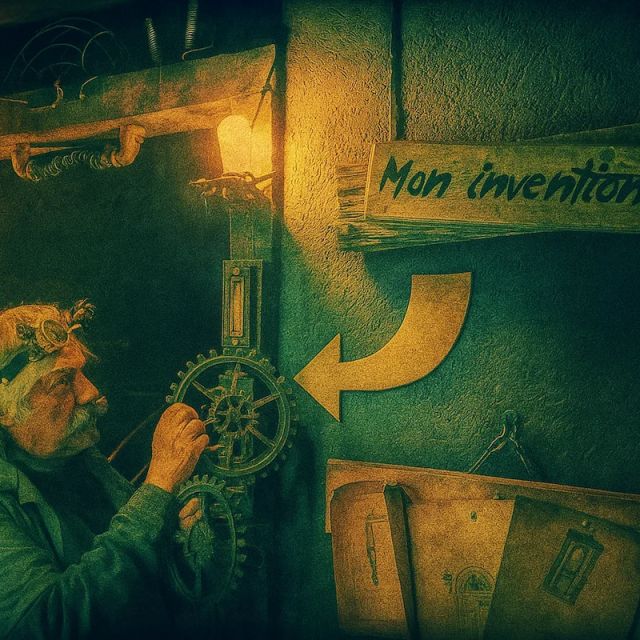 Atelier d'inventeur avec engrenages, outils et cadran mécanique dans une ambiance steampunk chez Challenge 27