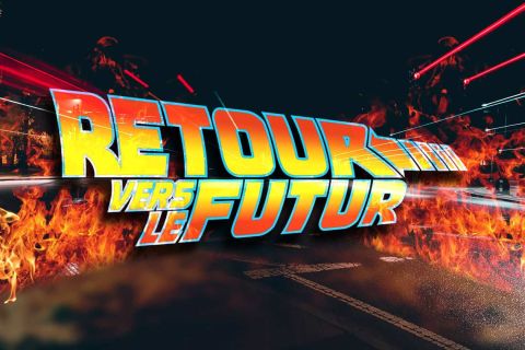 Titre Retour vers le futur en lettres jaunes sur des traînées de flammes, salle Retour dans le futur chez Chambre 237 à Biguglia