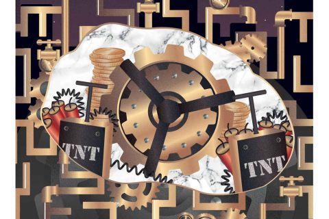 Affiche en labyrinthe noir et or avec horloge, rouages et dynamite TNT, salle Braquage à l'ancienne chez Next Reality