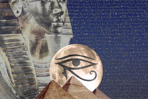 Décor égyptien avec pharaon, hiéroglyphes et Œil d'Horus dans Mystère au Musée du Caire