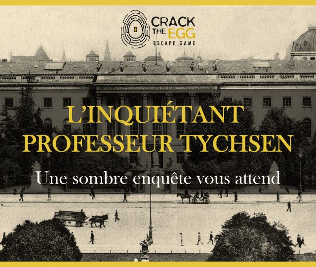 Façade parisienne austère avec silhouettes en arrière-plan, univers enquête chez Crack the Egg