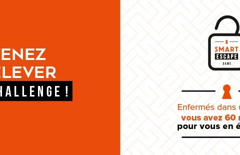 Bandeau orange Venez relever le challenge et logo cadenas, mention enfermés dans une salle 60 minutes, Smart Escape Game