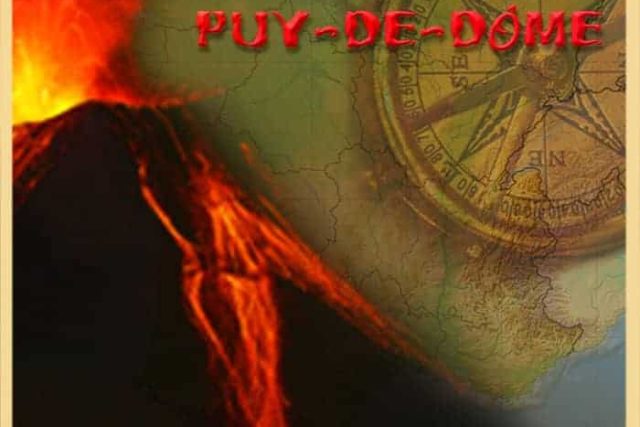 Volcan en éruption et carte ancienne pour Meurtre au Puy de Dôme