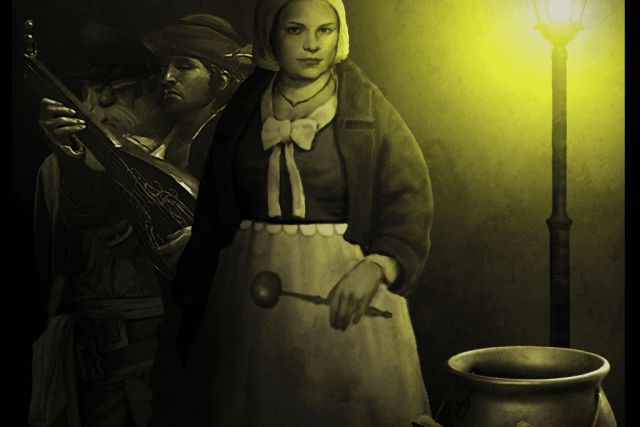 Femme en tablier et bonnet près d'un lampadaire jaune et d'un chaudron, salle À la poursuite des grimoires, Le Village Secret