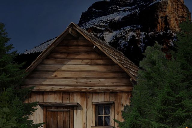 Cabane en bois au pied d'une falaise enneigée, La Cabane sous la Dent de Crolles