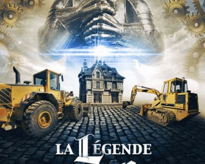 Personnage en armure devant engins de chantier et demeure victorienne, La légende des 5 Croix chez BrainScape Rouen
