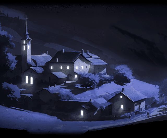 Village de montagne dessiné de nuit, fenêtres éclairées, décor du Village Secret