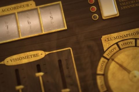 Tableau de commandes en bois avec accordeur, visiomètre et curseurs, salle La sirène boit la tasse chez 60 minutes LH