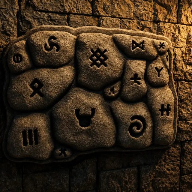 Plaque de pierre gravée de runes et symboles sur un mur de briques, salle La prophétie des sorciers chez Freeing à Chambly