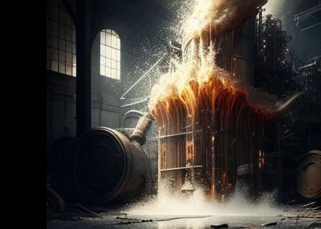 Bâtiment industriel de cuves en pleine explosion de flammes et d'écume, salle Explosion à Biotech, Time Lapse