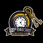 Logo de 221B Baker Street, escape room et bar à Dijon, montre et clés dorées sur fond noir