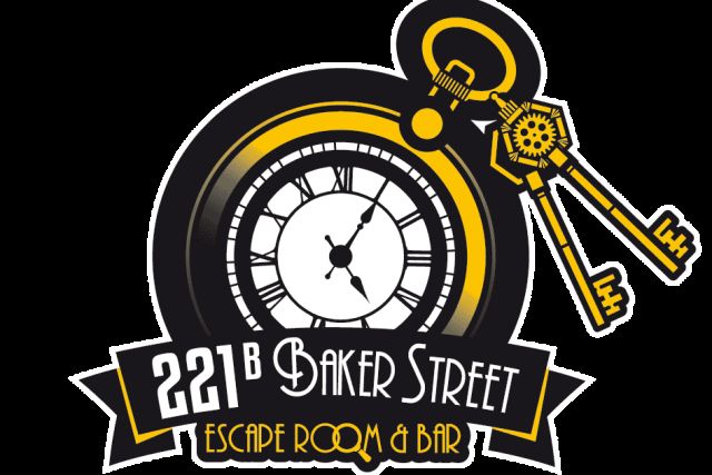 Logo de 221B Baker Street, escape room et bar à Dijon, montre et clés dorées sur fond noir