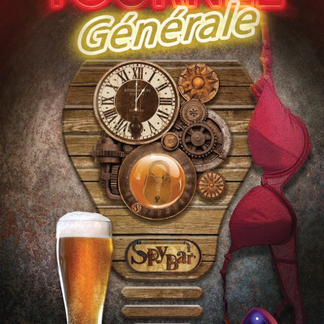Verre de bière, engrenages et horloge sous un néon rouge, visuel de la salle Tournée générale chez Mystery O'Clock