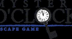 Logo de Mystery O'Clock, escape game à Brest, horloge et clé vintage sur fond blanc