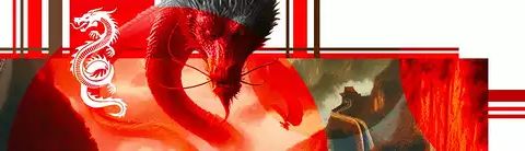 Bandeau rouge et blanc avec un dragon stylisé en couleurs, salle La chute du dragon chez Heure et K à Plérin