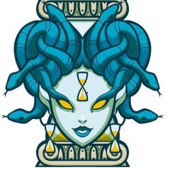 Logo d'Odyssey Adventure, escape game à Carcassonne, créature égyptienne aux serpents bleus
