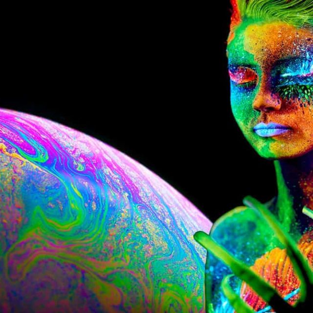 Portrait d'une figure aux paillettes multicolores et à la chevelure fluo près d'une bulle irisée, salle La planète Colorus
