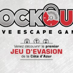 Logo de Lock Out, escape game à Antibes, avec texte promotion jeu d'évasion