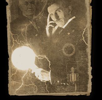 Portrait sépia d'un inventeur pensif près d'une boule d'éclairs, titre L'atelier Tesla, Get Out à Cherbourg-en-Cotentin