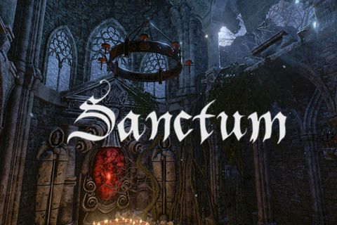 Affiche Sanctum : cathédrale gothique sombre, lustre noir et masque rouge au-dessus de bougies, salle chez Inoui VR