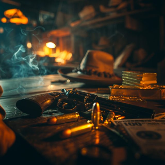 Pistolet, cartouches et chapeau sur une table de bar éclairée à la bougie, salle L'adoubement chez Get Out, Saint-Barthélemy-d'Anjou